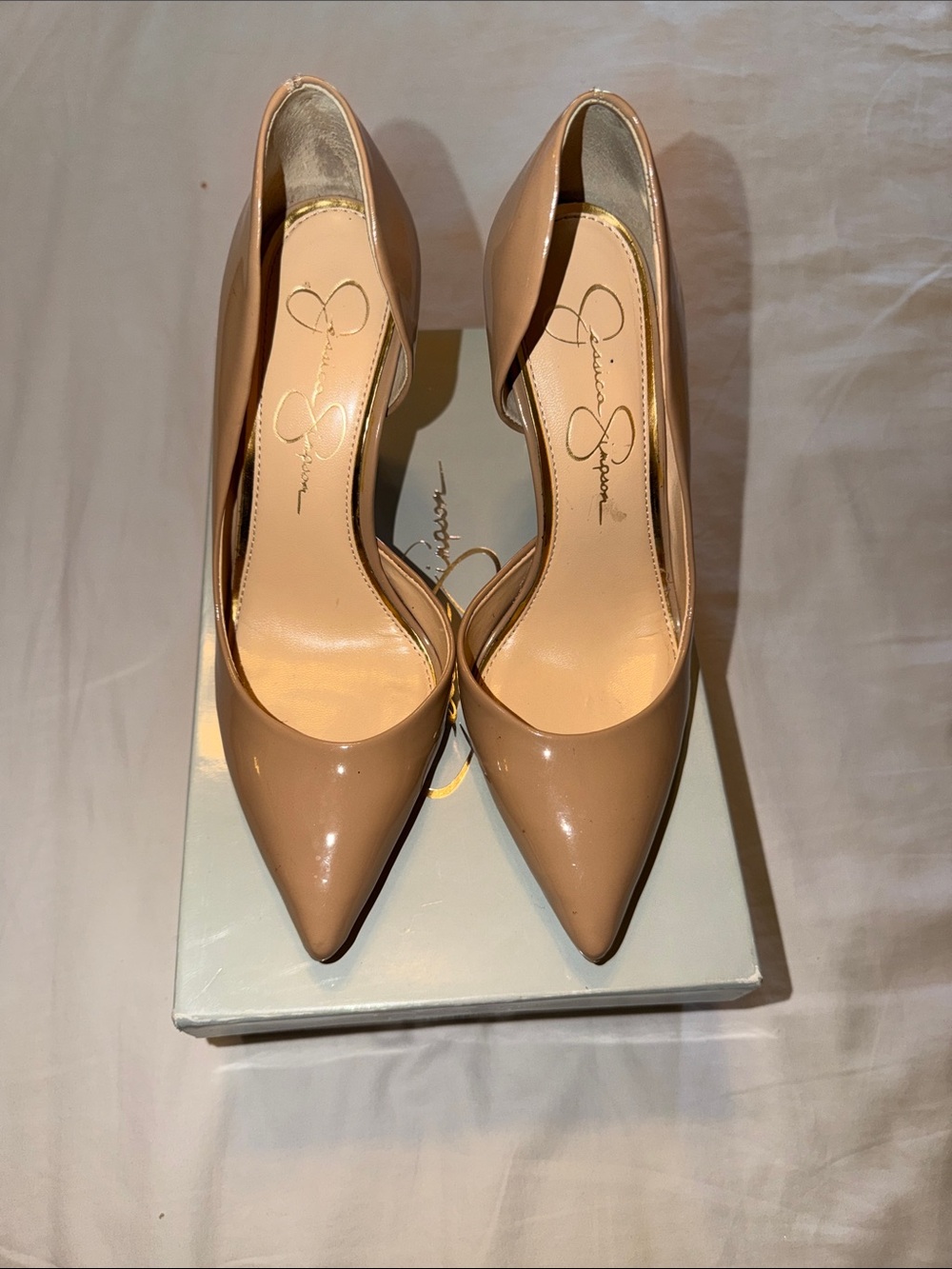 Jessica Simpson Nude Patent Pointed Toe Pumps - Blush Beige